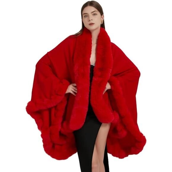 Cruelty Free FAUX FUR Lady in Red TRUE CRIMSON Cardigan Shawl Winter Cape